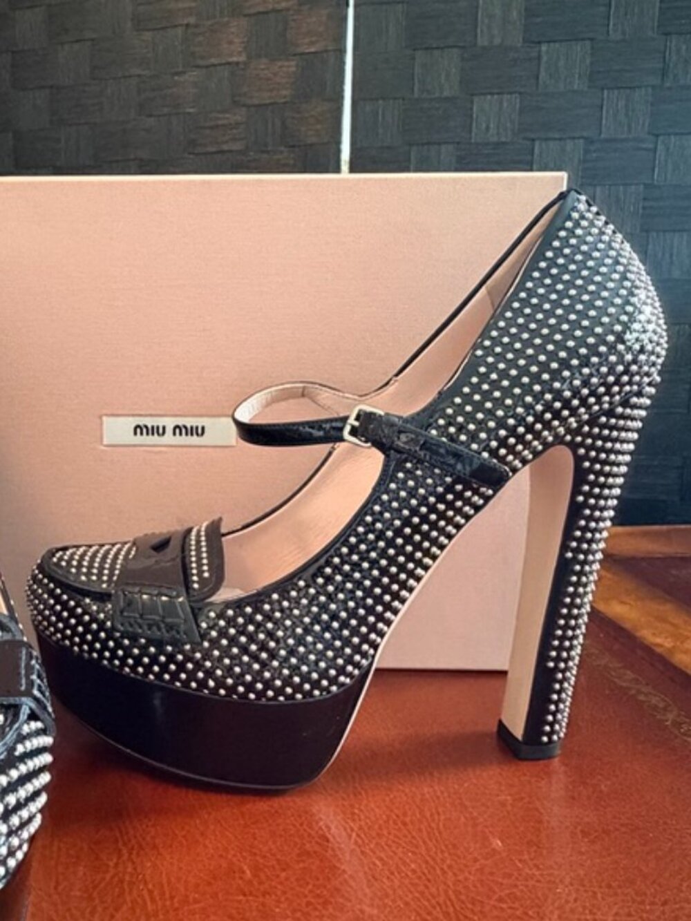 Mui Mui Duchesse Cat Nero black studded platform heels, size 38.5